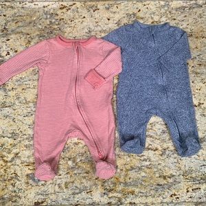 (2 Pk) Old Navy Pink Striped + Heather Grey Footie Footed Onesie Sz 0-3